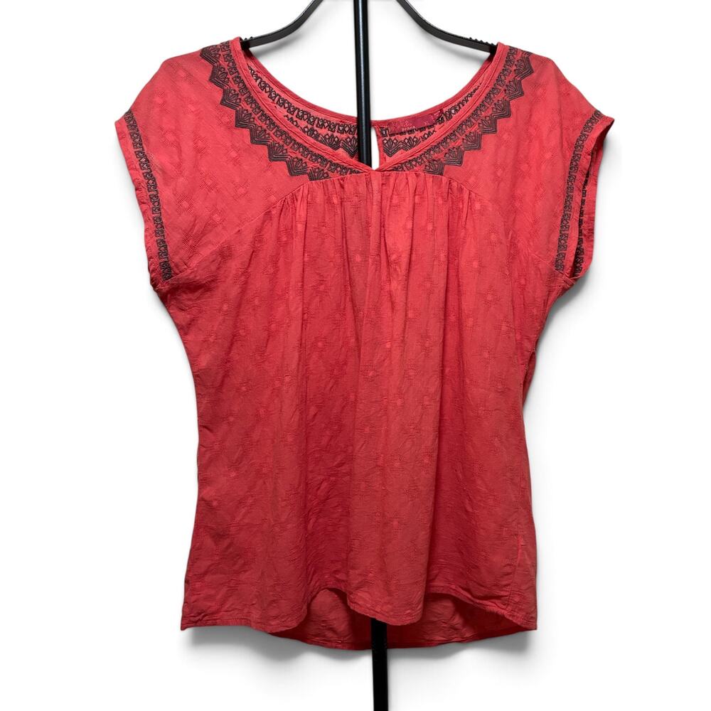 prAna Blossom Top Peach Orange 100% Organic Cotton Embroidered V-Neck Boho